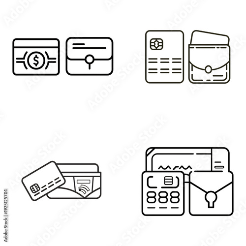 Set of modern line art icons representing various wallet and credit card designs for financial transactions