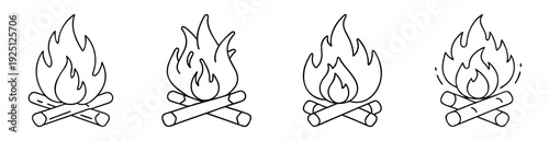 Four different simple vector drawing style bonfires, with varying flame shapes