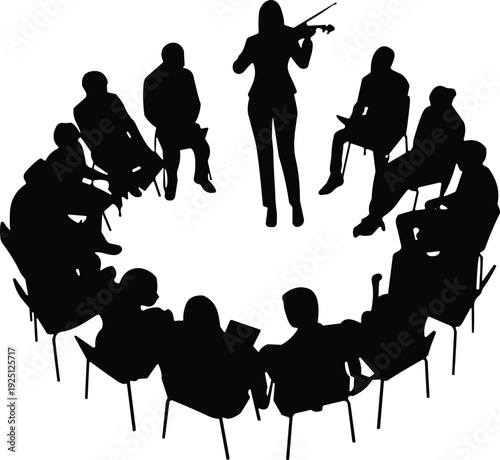 Silhouette of violinist performing for seated audience, live music concert concept, artistic performance scene, cultural event entertainment, orchestra rehearsal illustration