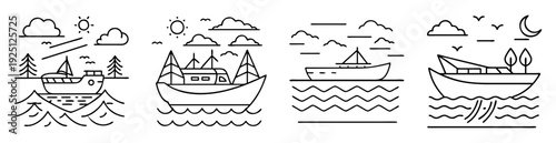 Monochromatic maritime scene composed of various ship and water illustrations