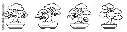 Elegant vector illustration of four bonsai trees with different designs in pots