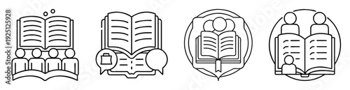 Four stylized black and white icons depicting reading, learning, and group study
