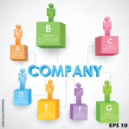3D Company Organization Chart Infographic. Vector Illustration of Professional Figures on Colorful Pedestals with Lettered Options A-G
