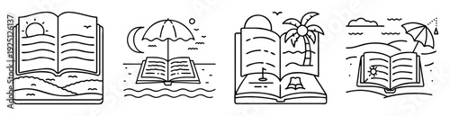 Four line art images showcasing beach and vacation scenes contained within books