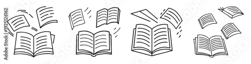 Numerous stylized books with blank pages floating in various orientations against white background