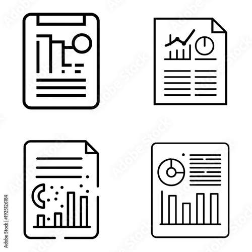 Collection of four icons representing data analysis and reporting concepts.