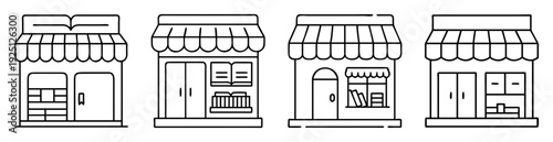Diverse collection of illustrated storefronts in minimalist black and white style