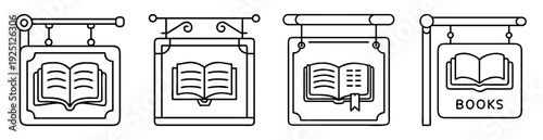 Four book store signs with open book icons and wrought iron stands