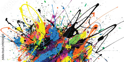 A vibrant explosion of colorful paint splatters and drips creating an energetic abstract background
