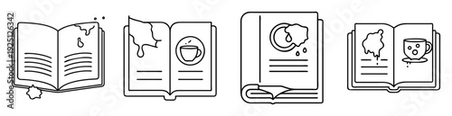 Illustrations of open books with spills and stains on their pages