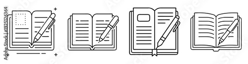 Collection of minimalist line art illustrations featuring open books and pens