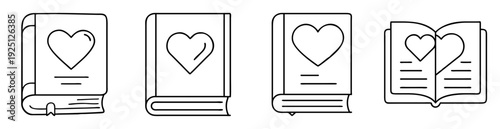 Four stylized books with heart design symbolizing love and literary passion