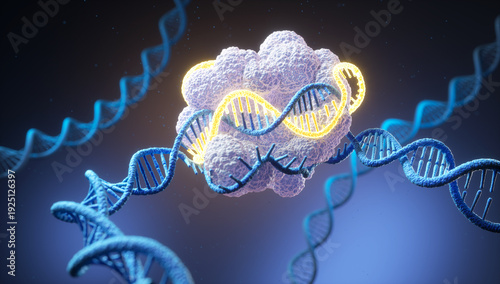 3D illustration of CRISPR-Cas9 protein complex gene editing system cutting a DNA strand, genetic engineering concept.