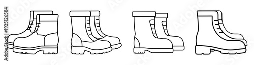 Various outlined combat boot designs shown in line art graphic pattern