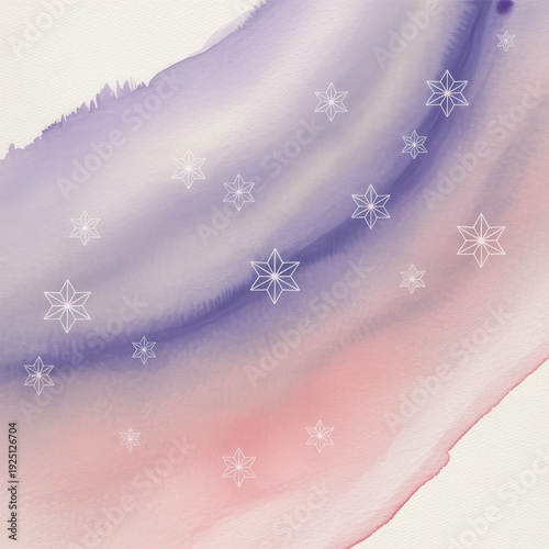 A beautiful watercolor painting of snowflakes on a purple and pink background