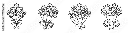 Four black and white floral bouquet outlines with tied bows isolated on white