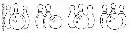 Four images of bowling pins with bowling balls in black and white