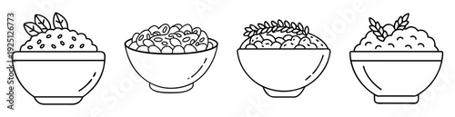 Four bowls of food with different grains and toppings illustration