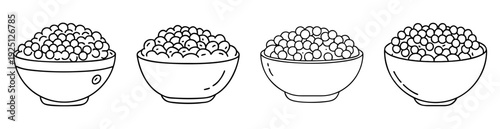 Simple line drawing of four bowls filled to the brim with berries