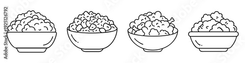 Four different bowls filled with popcorn in a linear illustration