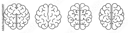 Four stylized human brain illustrations showing different levels of intricacy in black and white