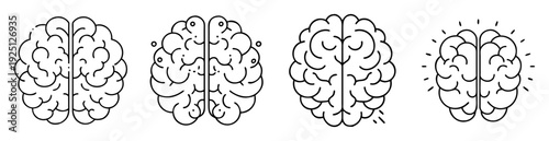 Four black and white human brain illustrations depicting different states of mind