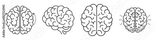 Four Simple Brain Illustrations on White Background Representing Thought Process