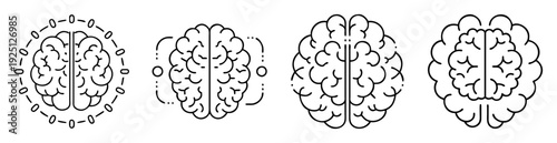 Four minimalist line art brain designs showcasing thought processes and neural activity
