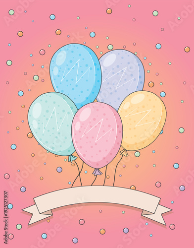 Colorful balloons bouquet with empty ribbon