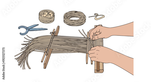 Hands weaving natural fibers on a loom, surrounded by craft tools, raw materials, and small finished nests, illustrating a traditional handicraft or DIY project.