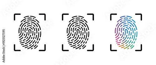 Fingerprint Icons, vector illustration of three fingerprint symbols representing biometric scanning and identity verification, isolated on white background, perfect for apps, websites, cybersecurity, 