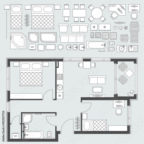 Furnished apartment plan and furniture set.