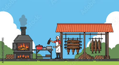 Outdoor traditional food smoking and curing process with a chef preparing meat and fish in a rustic open fire oven. Vector illustration.