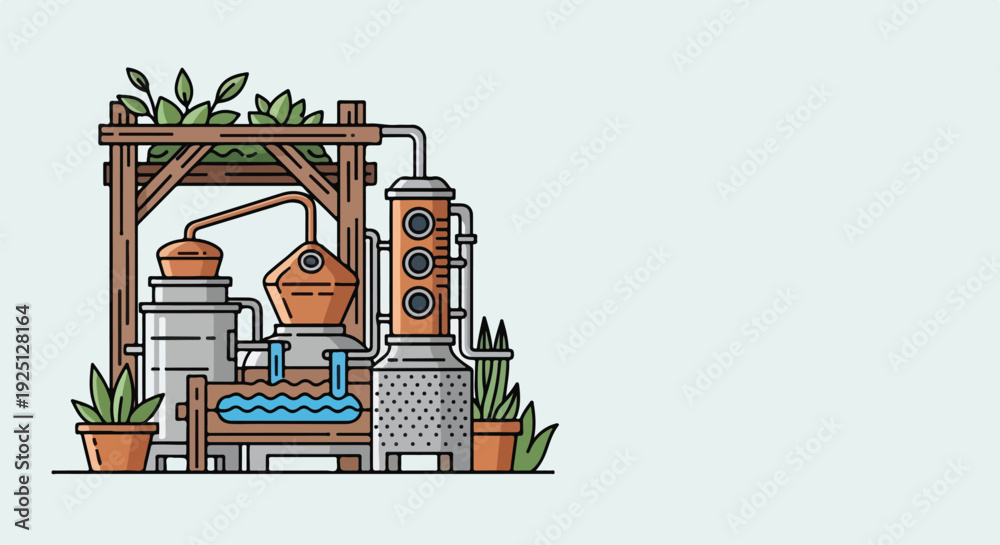 Naklejka premium Illustration of a copper gin still with botanical elements, symbolizing craft distillation and artisanal production