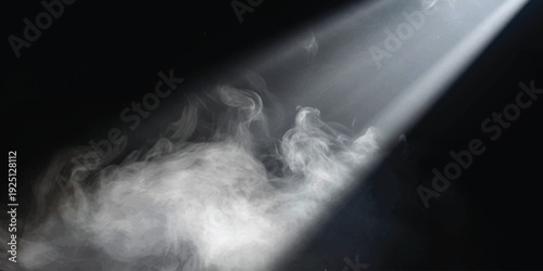 A dramatic beam of light cuts through the darkness, illuminating swirling white smoke against a black background.