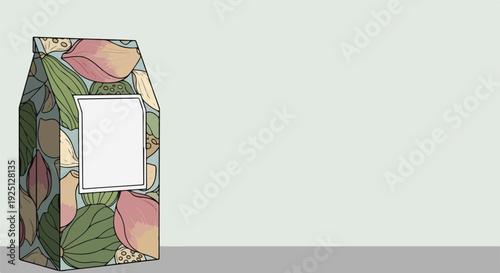 Decorative cocoa bean packaging design with blank label for product information and branding