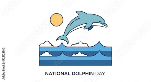 Dolphin jumping out of ocean waves on national dolphin day with sunny sky