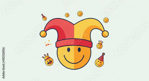 Smiling jester's face with colorful emojis and party hats symbolizing fun and celebration