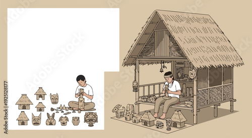 Artisan crafting traditional wooden masks and miniature houses in a rustic hut, showcasing cultural heritage and craftsmanship