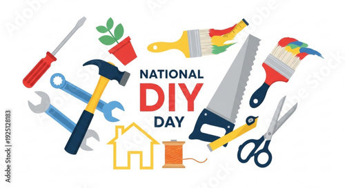 National diy day celebration with various colorful tools and home improvement items on white background