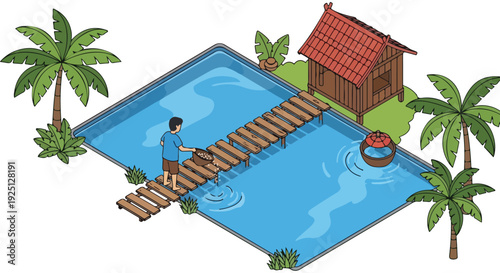 Man walking across a wooden bridge over a swimming pool with palm trees and a small hut