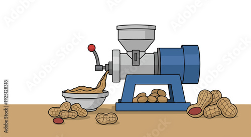 Vector illustration showing a peanut butter machine grinding whole peanuts into a bowl of fresh, creamy peanut spread, with raw peanuts scattered around.