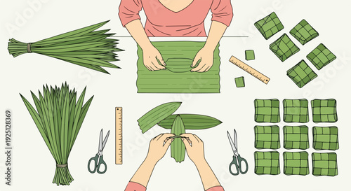 Detailed step-by-step illustration of making traditional Ketupat, the woven palm leaf rice cakes, a staple for Eid al-Fitr and festive celebrations.