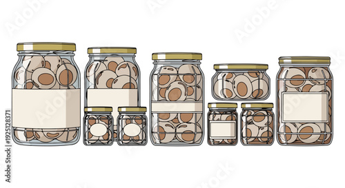 Assortment of various sized transparent glass jars filled with preserved food, likely pickled eggs, featuring blank labels for custom branding.