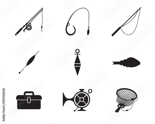 Fishing equipment icon set. Angling gear, rod, hook and tackle silhouettes. Solid black vector pack.