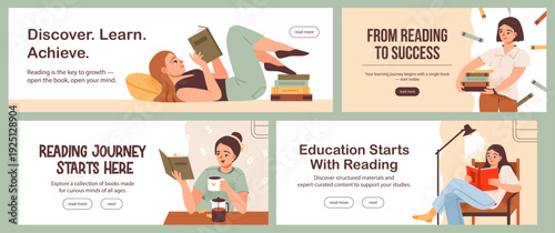 Reading Inspiration Educational Banner Set. Web banners promoting reading, learning, and personal growth, featuring young women enjoying books in cozy study settings.