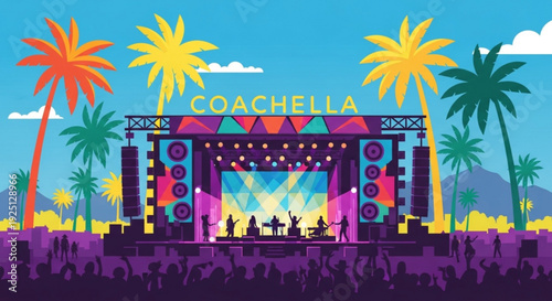 Vibrant coachella music festival stage with colorful palm trees and crowd under sunny sky
