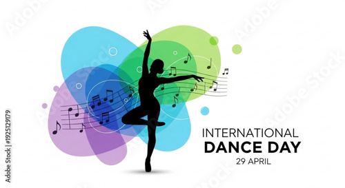 Silhouette of dancer celebrating international dance day on april 29th with colorful abstract music notes background