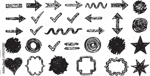 Sketchy arrow set with pen, crayon and chalk effects. Hand drawn style with brush and pencil strokes. Flat vector illustration isolated on white. Distressed rough texture