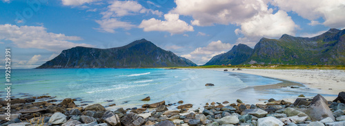 Rocky seashore. Beach with white sand. Beautiful nature of Norway. Lofoten islands. Ramberg